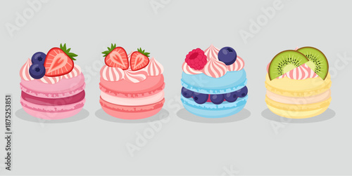 Set of colorful fruit macarons with cream and fresh berries illustration. - Sweet french macarons collection with strawberry, blueberry, raspberry, and kiwi toppings.