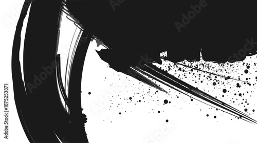 Dynamic black ink brush strokes and splatters on a white background, creating an abstract and artistic texture.