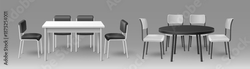 3D tables and chairs mockup isolated on background. Vector realistic illustration of simple furniture for exhibition booth, office conference room, home kitchen, dining area, interior design elements