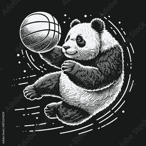 Panda Dunking: A Black and White Basketball Illustration.