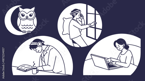 Set of conceptual illustrations showing nocturnal lifestyle and evening activities including night owl icon student studying and remote professional working on laptop