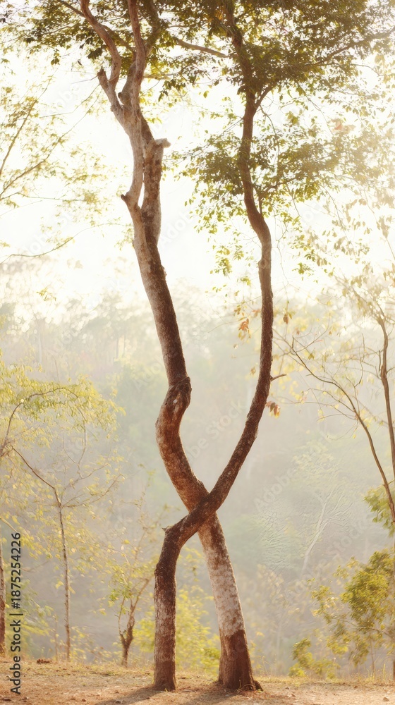 Fototapeta premium Two Tropical Trees with Intertwined Branches and Leaves Swaying Gently in Sync with the Breeze, Golden Hour Lighting, Shallow Depth of Field, Harmonious Composition