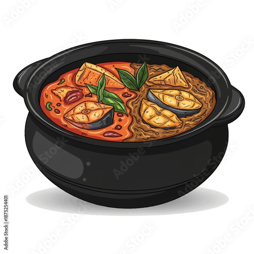 Delicious Sri Lankan traditional Awurudu cuisine featuring a rich fish curry, a common delicacy during Sinhala New Year celebrations in Sri Lanka