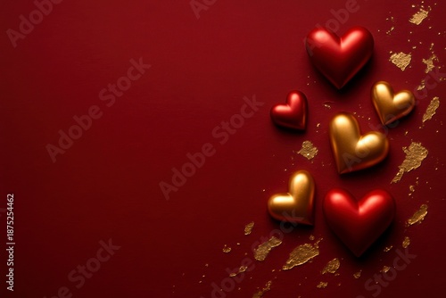 Luxury Red Valentine Background with 3D Metallic Hearts and Gold Foil. Suitable for Valentines Day and year-round romantic use.