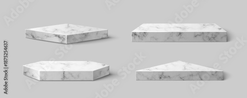 3D set of geometric marble platforms isolated on background. Vector realistic illustration of luxury triangular, square and hexagonal stone stage for product presentation, interior design element