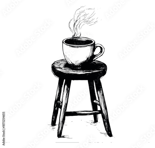 Hand drawn line art illustration of a steaming coffee cup on a wooden stool for cafes
