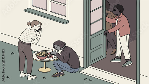 Social Interaction and Daily Life Scene with Diverse People Entering Building and Sharing Meal Outdoors