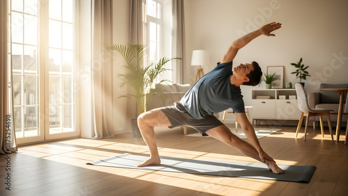 Man practicing yoga in a bright, sunlit room, embracing a healthy lifestyle and mindfulness through physical exercise