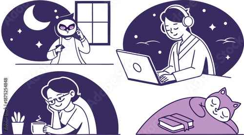 Vector Illustration Set of People in Nighttime Routine Activities with Remote Work Study and Relaxation