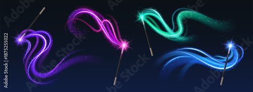 3D set of magic wands with light and sparkle effect isolated on black background. Vector realistic illustration of fairytale magician stick with color trails and sparkling swirls, wizard accessory