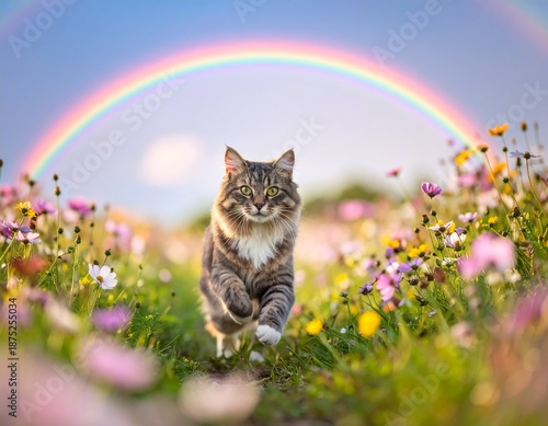 Happy cat running in beautiful, dreamy sunny meadow under a colorful rainbow. Animal afterlife heaven. 