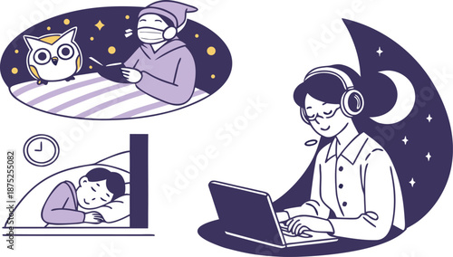 Multiethnic Remote Workers Using Laptops at Night, Late Night Productivity and Freelance Lifestyle Concept Illustration