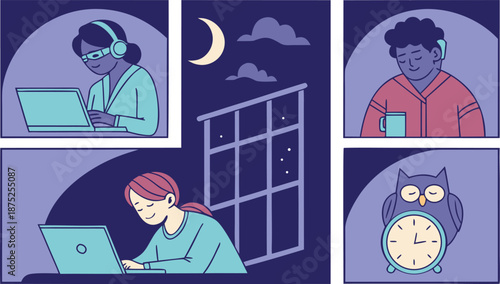 Multiethnic Remote Workers Using Laptops at Night, Late Night Productivity and Freelance Lifestyle Concept Illustration