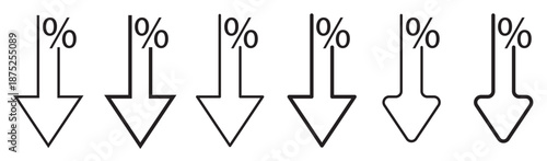 Six percentage signs with downward arrows illustrating reduction, discount, or market decline