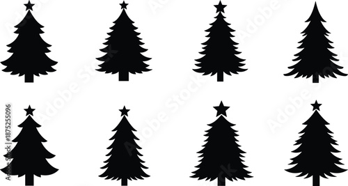 Christmas tree silhouette set, black pine fir trees with star tops, winter holiday decoration icons, minimalist festive vector design collection