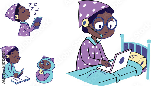 Student Studying and Working Remotely from Bed, Online Education and Work From Home Concept Illustration