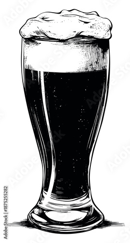 Hand drawn line art illustration of a beer glass depicting a full glass with a frothy head for beverage and pub designs