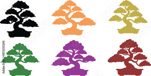 Colorful bonsai tree silhouette vector set, six vibrant styles, decorative plant icons, isolated on white background for design use