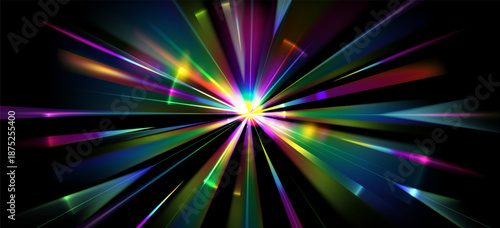 Bright light burst flare effect on black background. Vector realistic illustration of rainbow color halo with sparkle in middle, fast speed motion streaks, radial energy, rgb spectrum, space blast