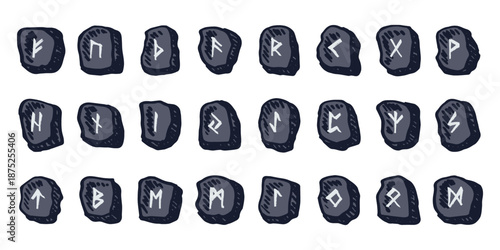 Set of hand drawn viking runes Rune stones with ancient norse alphabet characters engraved on them Scandinavian futhark germanic celtic Single element for design, print, web, decor