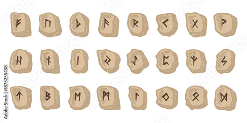 Set of hand drawn viking runes Rune stones with ancient norse alphabet characters engraved on them Scandinavian futhark germanic celtic Single element for design, print, web, decor