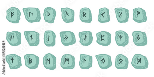 Set of hand drawn viking runes Rune stones with ancient norse alphabet characters engraved on them Scandinavian futhark germanic celtic Single element for design, print, web, decor