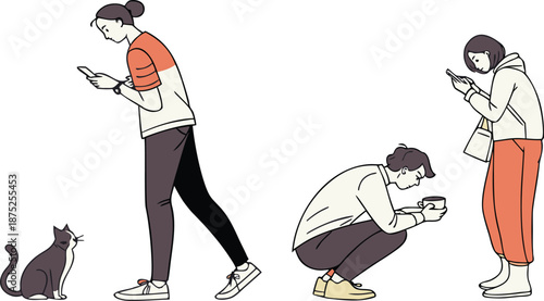 People Distracted by Smartphones and Technology, Digital Addiction and Social Isolation Concept Illustration