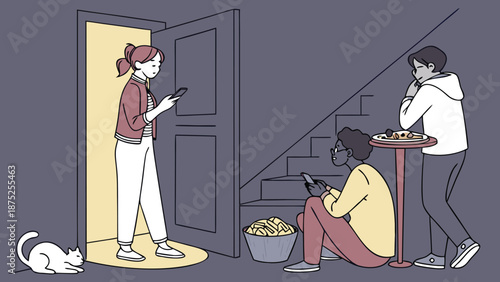Friends Hanging Out and Using Smartphones at Home , Social Media and Digital Connection Lifestyle Illustration