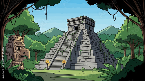Illustration of an ancient Mayan temple in a lush jungle with a stone statue and mountain range in the background.