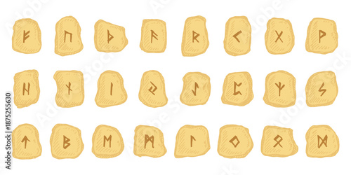 Set of hand drawn viking runes Rune stones with ancient norse alphabet characters engraved on them Scandinavian futhark germanic celtic Single element for design, print, web, decor