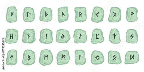 Set of hand drawn viking runes Rune stones with ancient norse alphabet characters engraved on them Scandinavian futhark germanic celtic Single element for design, print, web, decor