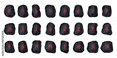 Set of hand drawn viking runes Rune stones with ancient norse alphabet characters engraved on them Scandinavian futhark germanic celtic Single element for design, print, web, decor