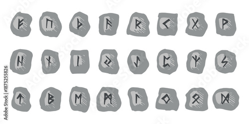 Set of hand drawn viking runes Rune stones with ancient norse alphabet characters engraved on them Scandinavian futhark germanic celtic Single element for design, print, web, decor