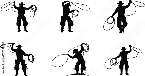 Cowboy lasso silhouette set, western rodeo man figures, black vector illustrations for ranch, wild west, action, culture, tradition, design