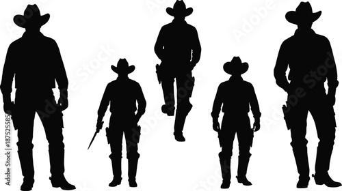 Cowboy silhouette set, western gunman outlaw figures with hat and revolver, wild west character collection, black vector icons design