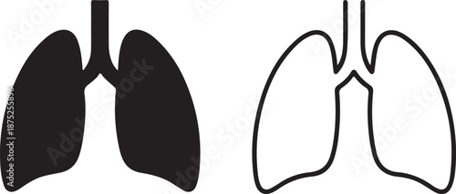 Human Lungs Icon Set - Silhouette and Outline Vector Illustration. Simple Lung Icons for Healthcare.