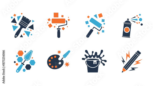 Artistic tools illustration paintbrushes rollers spray and palette symbols