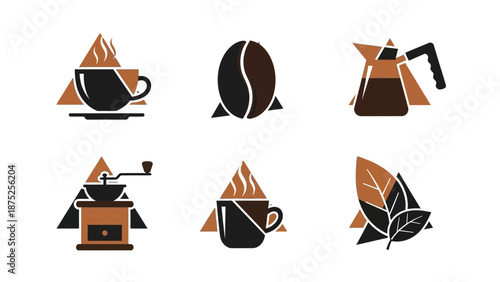 Coffee icons set cup bean maker grinder leaves vector illustration