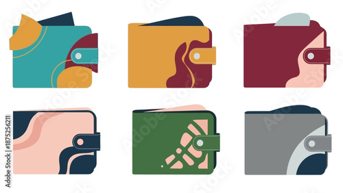 Collection of colorful wallets with various designs on white background