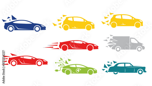 Collection of stylized car icons in various colors representing speed and motion