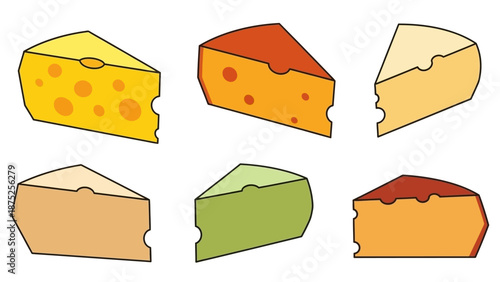 Colorful cheese wedges isolated on white background various styles and flavors