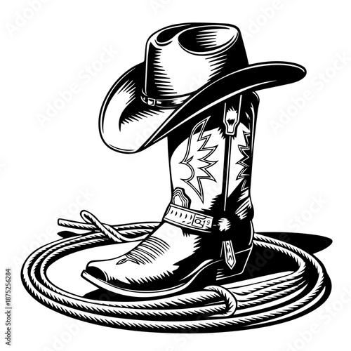 Bold woodcut-style illustration of a cowboy boot hat and lasso with dramatic contrast vector