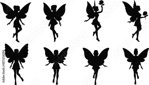 Fairy silhouette set of winged fantasy girls flying and dancing isolated on white background magical illustration collection vector design art