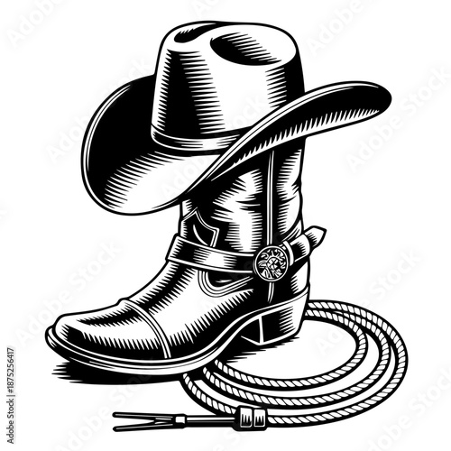 Bold woodcut-style illustration of a cowboy boot hat and lasso with dramatic contrast vector