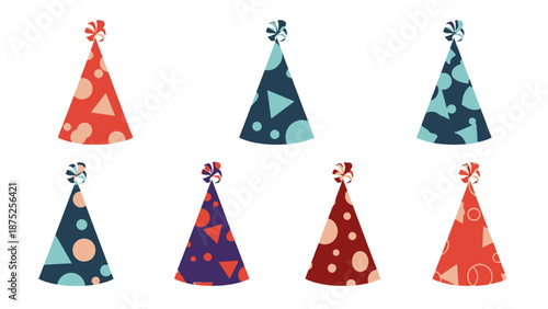 Colorful party hats with geometric patterns isolated on white background