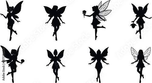 Fairy silhouette set of winged fantasy girls holding flowers isolated on white background magical illustration vector design collection