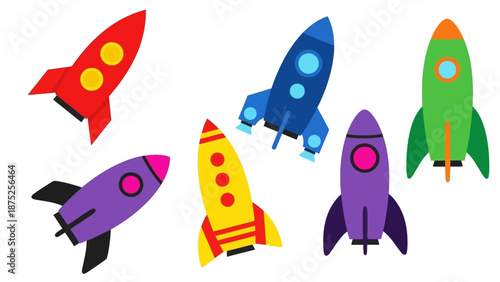 Colorful rocket illustrations on white background for space exploration concept