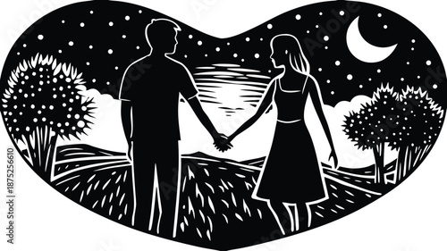 A romantic black silhouette of a fashion model couple in a wedding dress dancing under the night sky with their family and child in this vector art illustration