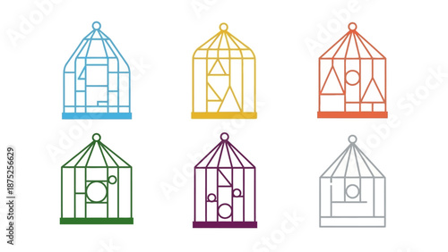 Colorful vector birdcage set design for graphic decoration and illustration