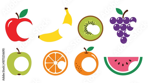 Colorful vector illustrations of various fruits with bite marks and cutouts